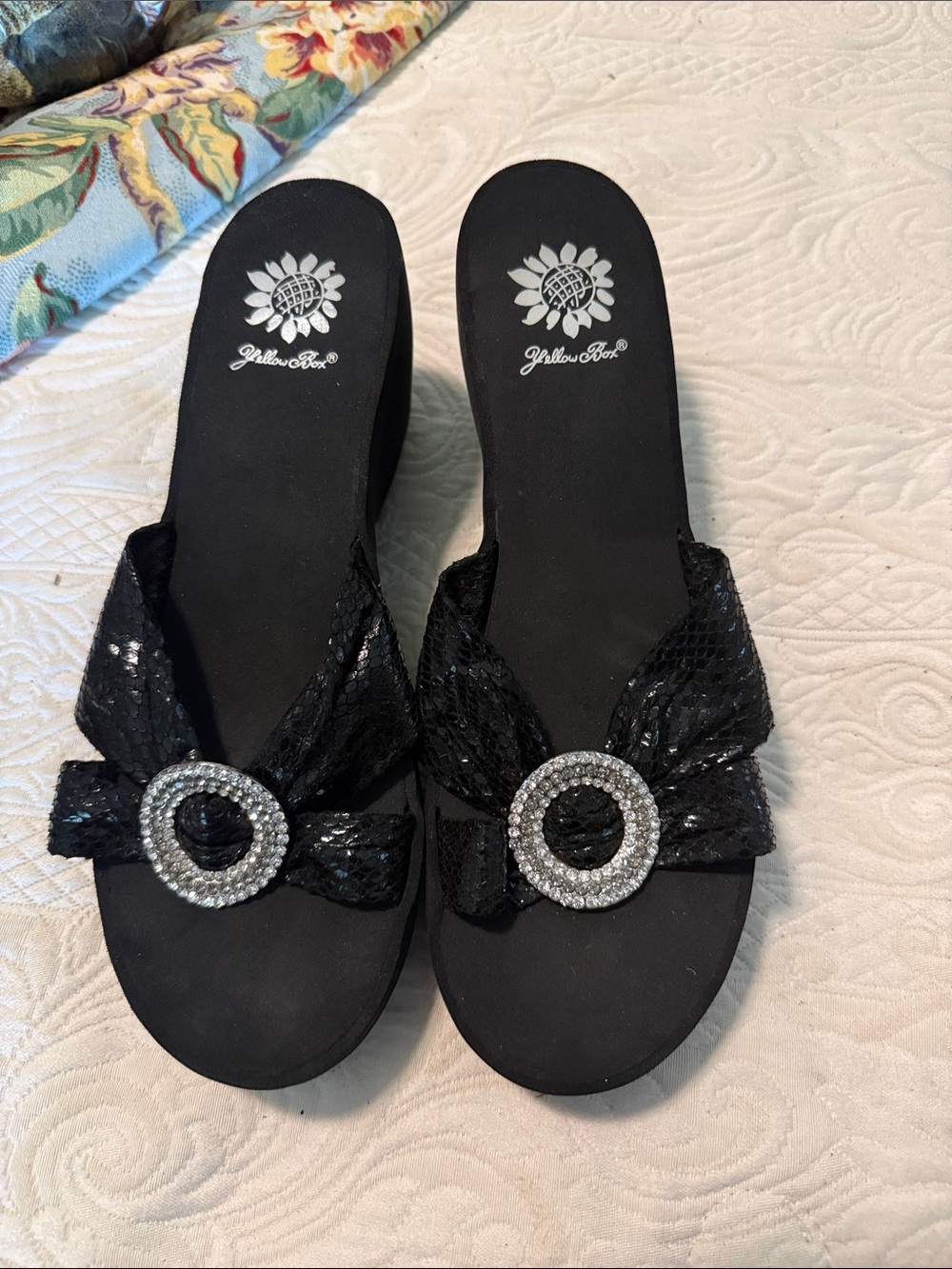 Yellow Box Black Sequin Slide Sandals with Crystal Buckle